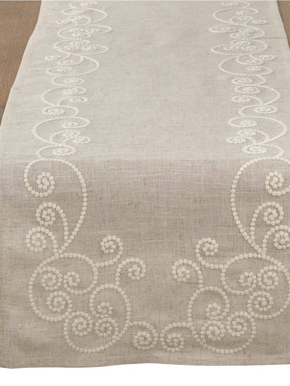 Embroidered Scroll Beige Table Runner